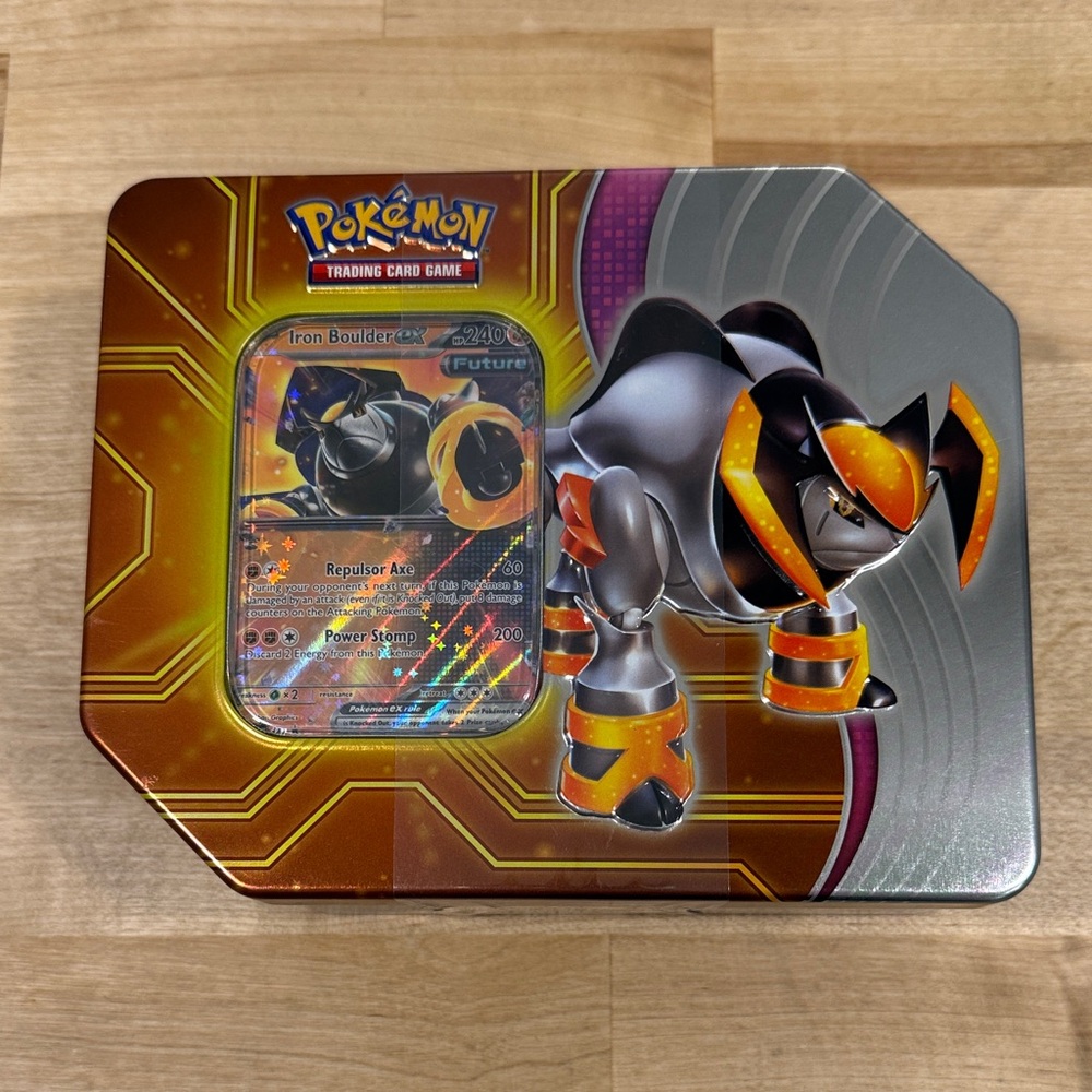 Pokemon Tin with Iron Boulder EX Orange and Silver Paradox Destinies Collection